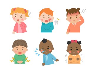 Cute children's daily illustration set, different races with skin color, crying, illness, cold, virus, tooth decay, pain, cartoon comic vector illustration, set, isolated