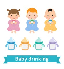 3 cute babies drinking milk and bottles