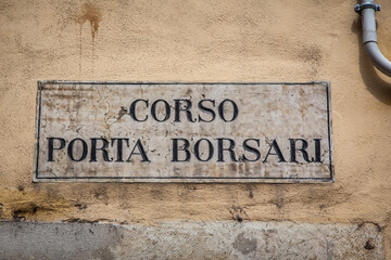 Sign with the street name "Borsari Gate Street" in Verona, Veneto, Italy