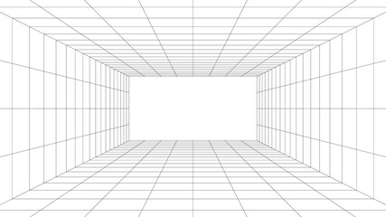 Futuristic digital hallway space blanks white color background with black grid space line color surfaces. Cyber, technology, banners, covers, terrain, sci-fi, frames, and related background.