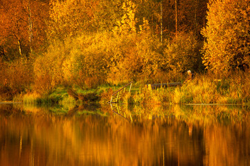 Autumn bright forest reflected in water of lake. Colorful autumn morning landscape. Concepts: season, peaceful, idyllic