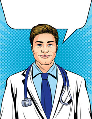 Vector illustration colorful pop art style. Portrait of a male doctor in white uniform. Doctor with a stethoscope around his neck. Medical institution banner