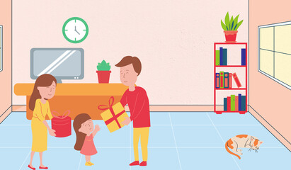 Family celebration parents giving gifts to thier kids