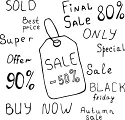 Vector illustration of a label, product label with space for text in Doodle style. Words on the topic of sales, trade, purchases, sales.Can be used for fabric, textiles, paper, Wallpaper, books.