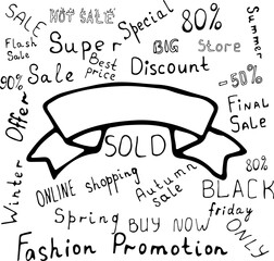 Vector illustration of a ribbon, flag with space for text in the Doodle style. Words on the topic of sales, trade, purchases, sales.Can be used for fabric, textiles, paper, Wallpaper, books.