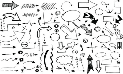big collection vector set of hand-drawn doodle arrows, scheme, diagram, infographics, elements for presentation black on white background