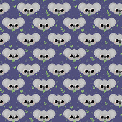 Obraz premium Cute childish pattern with koalas and leaves and triangles, circles on dark blue background for textile or fabric print, wrapping paper or wallpaper