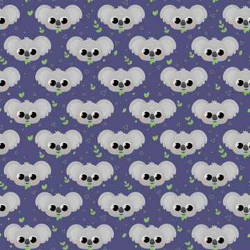 Cute childish pattern with koalas and leaves and triangles, circles on dark blue background for textile or fabric print, wrapping paper or wallpaper