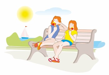 Obraz na płótnie Canvas Girls eat ice cream. Beautiful warm summer day. Modern style. Vector illustration flat design. 