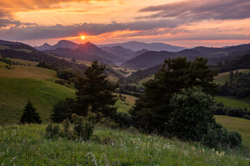 sunset over a mountain valley in Slovakia in the Pieniny National Park