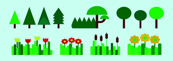 set of tree and flower cartoon icon design template with various models. vector illustration