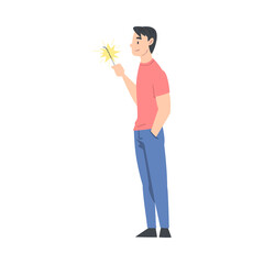 Young Man Holding Burning Sparkler, Guy Celebrating Holidays Cartoon Style Vector Illustration
