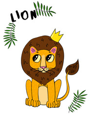 Obraz na płótnie Canvas Lion in the crown.Cute lion vector illustration. Hand drawn cute print for posters, cards, t-shirts.Lion cub