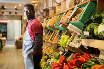 Confident african american greengrocery owner wearing in black apron standing near shelves with fruits and vegetables