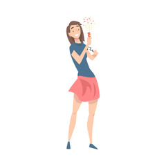 Smiling Woman Holding Burning Sparkler, Girl Celebrating Holidays Wearing Casual Clothes Cartoon Style Vector Illustration