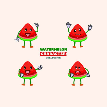 Cute vector set of watermelon fruit character in different action emotion. Collection of watermelon characters in different expressions, Funny fruit character isolated
