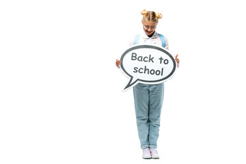 Schoolkid holding speech bubble with back to school lettering on white background