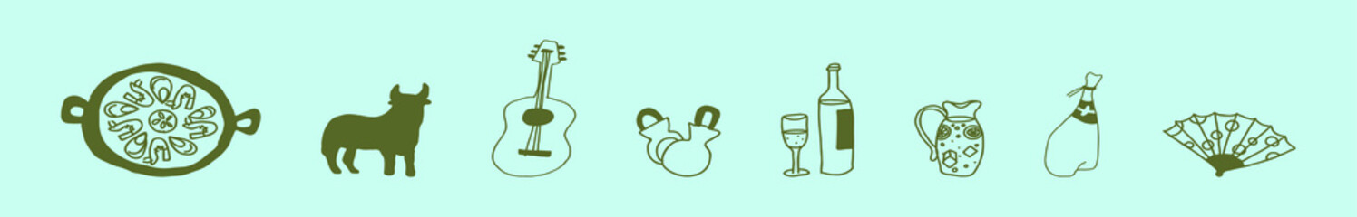 Spain doodles elements. Hand drawn set with spanish food, bull fan and more vector illustration