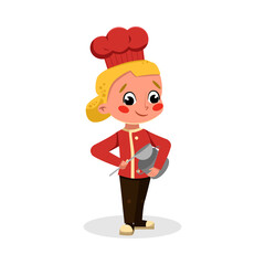 Girl Professional Chef Character Holding Saucepan and Ladle, Cute Kid in Uniform and Hat Cooking Tasty Dish Cartoon Style Vector Illustration