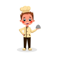 Boy Professional Chef Character Holding Restaurant Cloche, Cute Kid in Uniform and Hat Cooking Tasty Dish Cartoon Style Vector Illustration