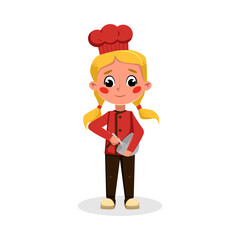 Girl Baker or Confectioner Character Holding Bowl and Whisk, Side View of Cute Chef Kid in Uniform and Hat Cooking Tasty Dish Cartoon Style Vector Illustration