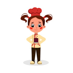 Girl Baker or Confectioner Character Holding Plate with Sweet Dessert, Side View of Cute Chef Kid in Uniform and Hat Cooking Tasty Dish Cartoon Style Vector Illustration