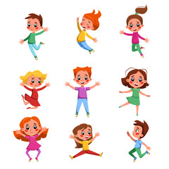Lovely Kids Happily Jumping Set, Cute Preschool Kids Having Fun, Celebrating Holidays or Doing Sports Cartoon Style Vector Illustration
