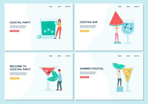 Summer cocktail party banner set with cartoon people preparing drinks