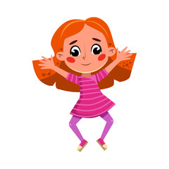 Beautiful Red Haired Girl in Pink Dress Happily Jumping, Cute Preschool Kid Having Fun, Celebrating Holiday, Doing Sports Cartoon Style Vector Illustration