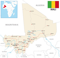 vector road map of the Republic of Mali with flag