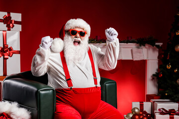 Crazy grey bearded santa claus raise fists have x-mas atmosphere ornament wear suspenders headwear...