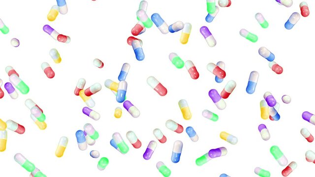 Flying many medical capsules on white background. Medicine and pharmaceutical concept. 3D animation of colorful pill capsule rotating. Loop animation.