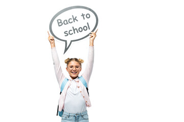 Schoolkid holding speech bubble with back to school lettering on white background