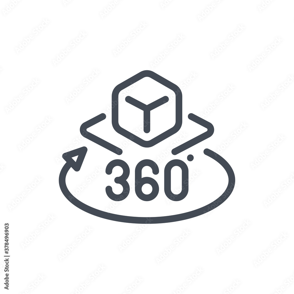 Poster augmented reality line icon. cube with rotating arrow and 360 vector outline sign.