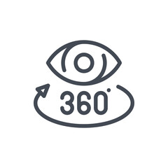 Augmented reality line icon. Eye with rotating arrow and 360 vector outline sign.