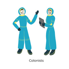 A man and a woman in space suits. Handdrawn vector illustration of future futuristic colonists, explorers of planets and satellites, searching of new home.