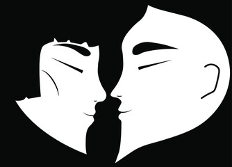 Vector black and white man and woman faces in the form of heart