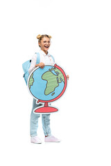 Fototapeta premium Schoolkid holding paper globe on white background