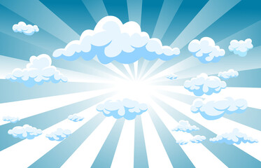 Sky with clouds, and sun with rays. blue cloud and sun ray background illustration.