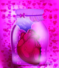 Vector Valentine's day card: realistic heart inside glass jar with tag "For you my Love" on background of many red hearts