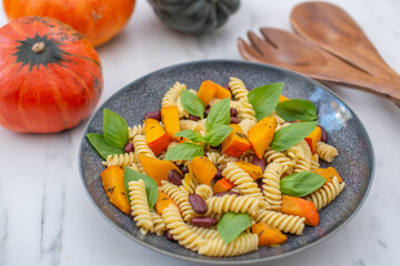 vegan autumn pasta with pumpkin and black beans