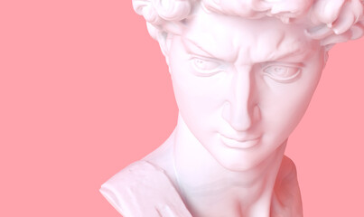 Head of Michelangelo's David on a pink coral background. 3d render illustration. 
