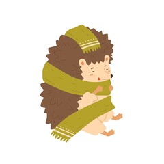 Cute colorful hedgehog wrapping in warm cozy scarf vector flat illustration. Adorable forest animal warming sitting isolated on white. Joyful wild childish character enjoying autumn season