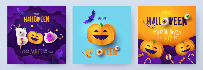 Halloween Party invitations, greeting cards, or posters Set with calligraphy, cutest pumpkins, bats and candy in night clouds. Design template for advertising, web, social media. Paper cut style