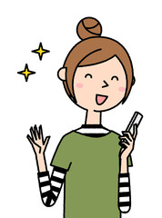 スマホを見て喜ぶ若い女性　ママ