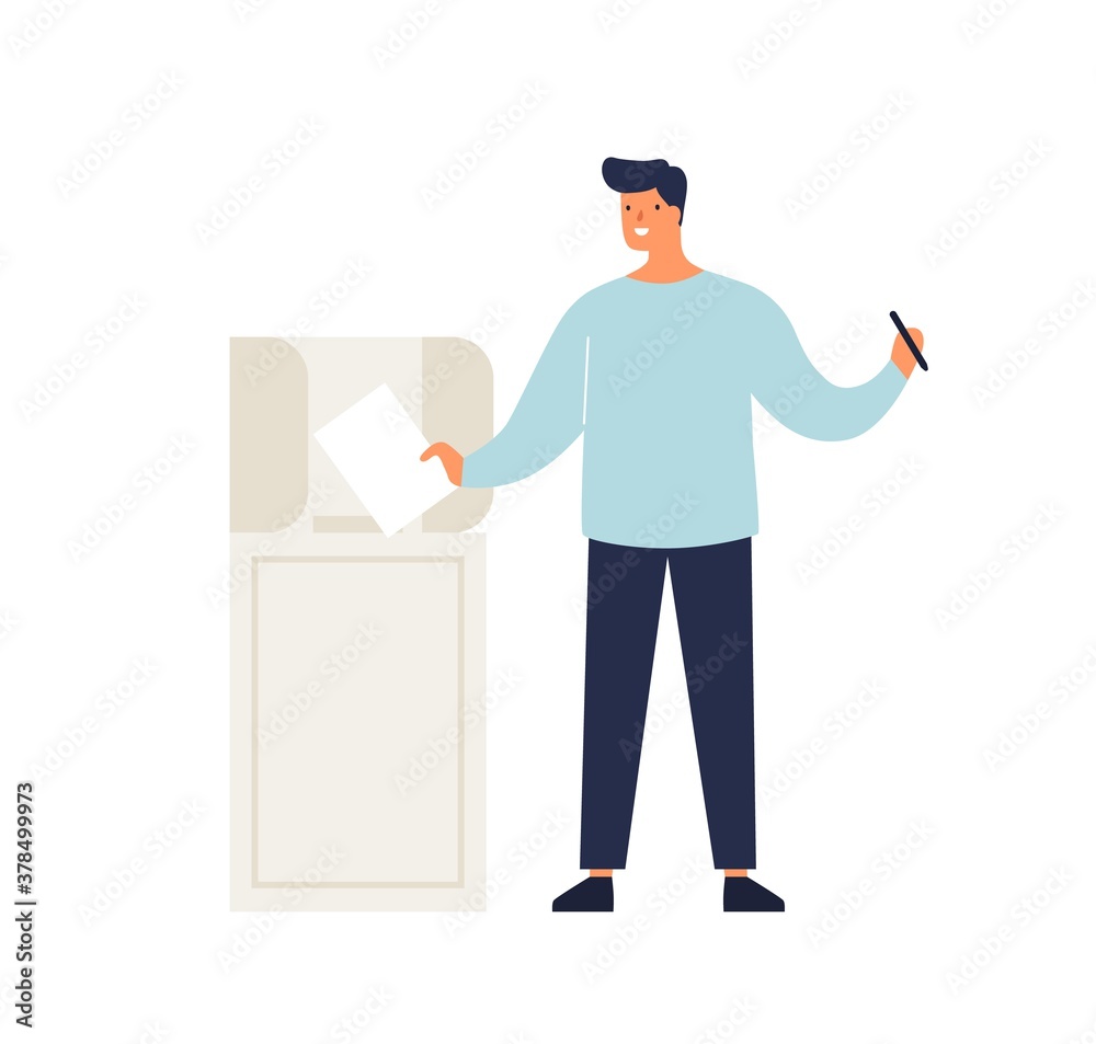 Aufkleber man putting ballot in box taking part at voting vector flat illustration. happy male elector making 