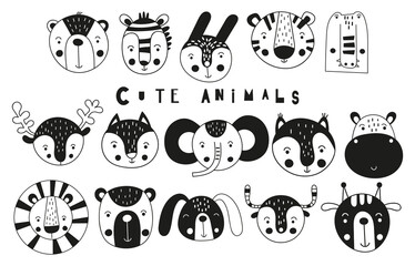 Cute scandinavian monochrome prints animals. Hand drawn. Doodle cartoon forest and jungle animals for nursery posters, cards, t-shirts. Vector illustration. Bear, zebra, lion, tiger, croc, hippo.