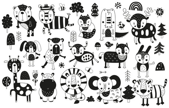 Black and white scandinavian monochrome prints animals set. Doodle cartoon forest and jungle animals for nursery posters, cards, t-shirts. Vector illustration. Bear, zebra, lion, tiger, croc, hippo.