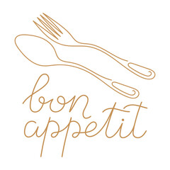 Bon appetit, a handwritten phrase . Vector illustration, calligraphy. Fork and spoon contours. The topic of food.