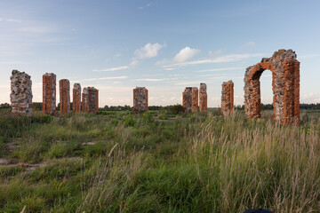 City Smiltene, Latvia.Old brick stonehenge and park.